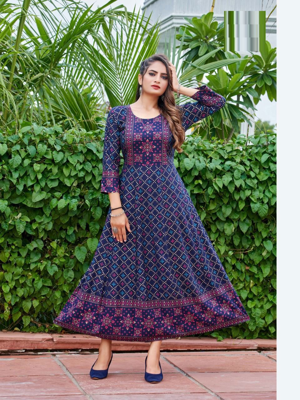 Sunlight 01 Rayon Printed Ethnic Wear Designer Long Anarkali Kurti Collection
